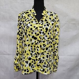 Ruby Rd. V-neck Black Yellow Semi Sheer Button Up 100% Polyester Top Sz 10